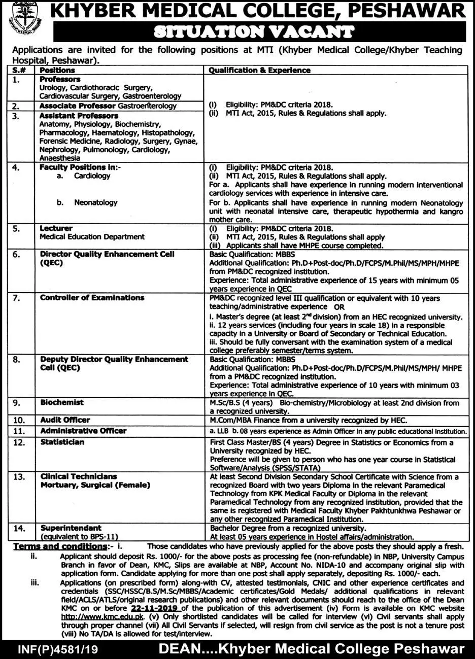 Jobs Khyber Medical College KMC Peshawar Jobs 2019 — original advertisement