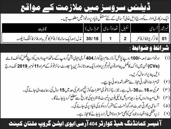 Jobs Army Aviation Group Multan Jobs 2019 — original advertisement