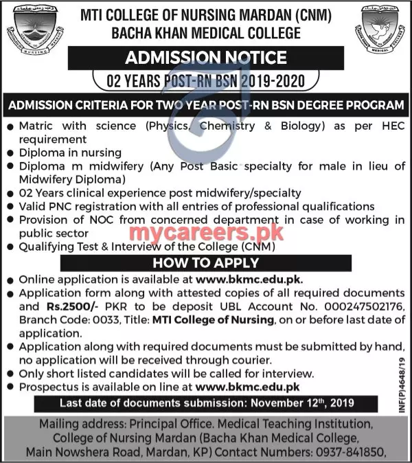 Admission MTI College of Nursing Mardan – Bacha Khan Medical College Mardan Admissions 2019 — original advertisement