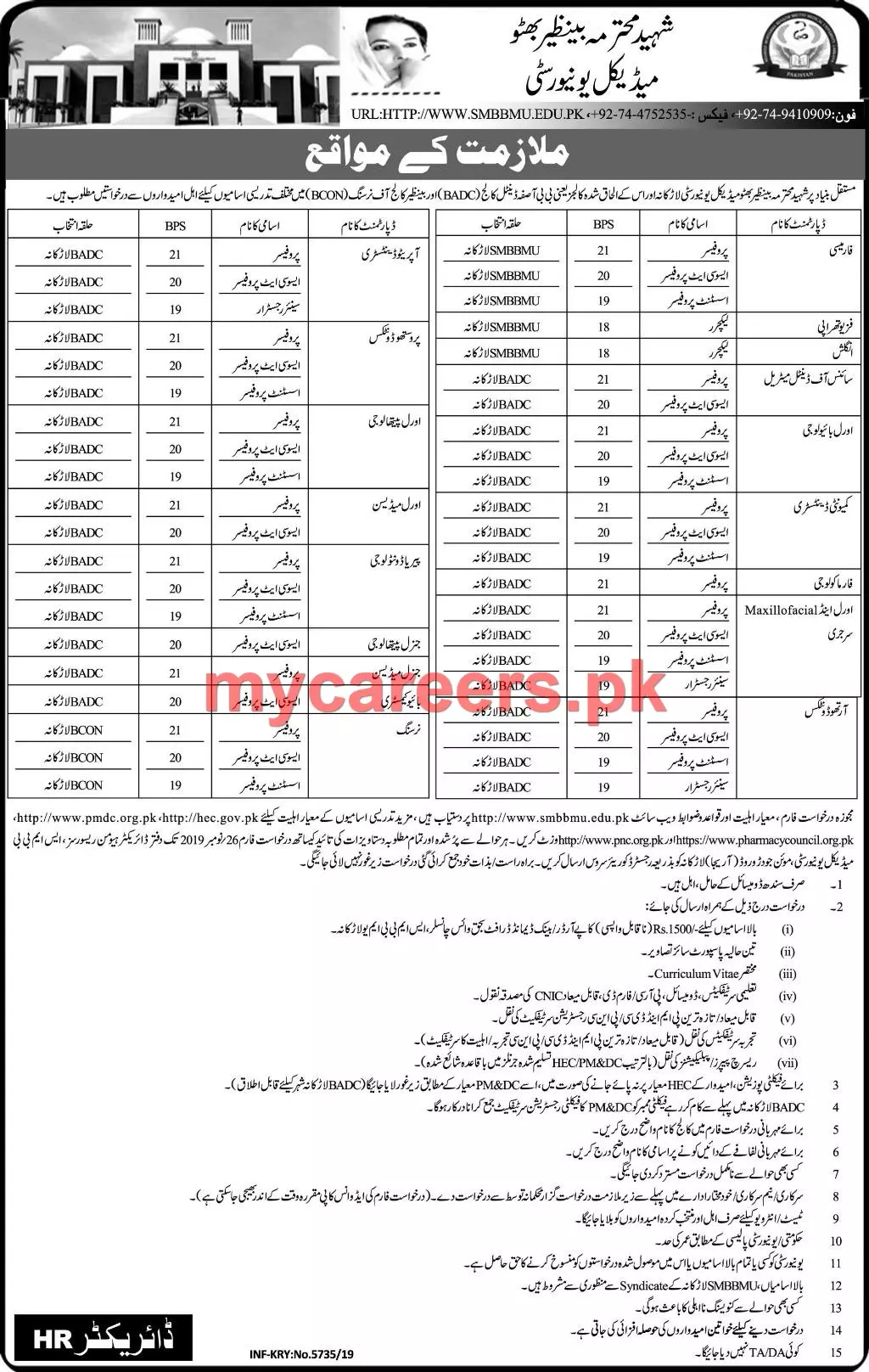 Jobs Shaheed Benazir Bhutto Medical University Larkana – Shaheed Mohtarma Benazir Bhutto Medical University Larkana Jobs 2019 — original advertisement