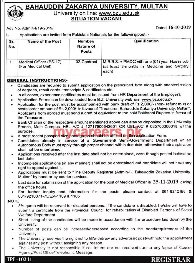 Jobs Medical Officer BZU Multan – Bahauddin Zakariya University Multan Jobs 2019 — original advertisement