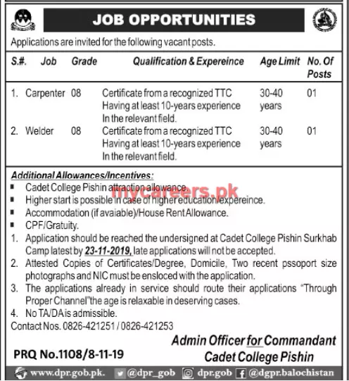 Jobs Cadet College Pishin Jobs 2019 — original advertisement