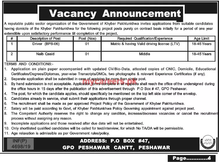 Jobs Public Sector Organization Peshawar Jobs 2019 — original advertisement