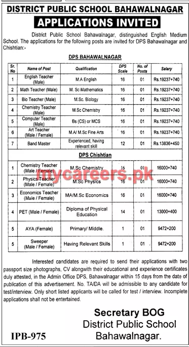 Jobs District Public School Bahawalnagar Punjab Jobs 2019 — original advertisement