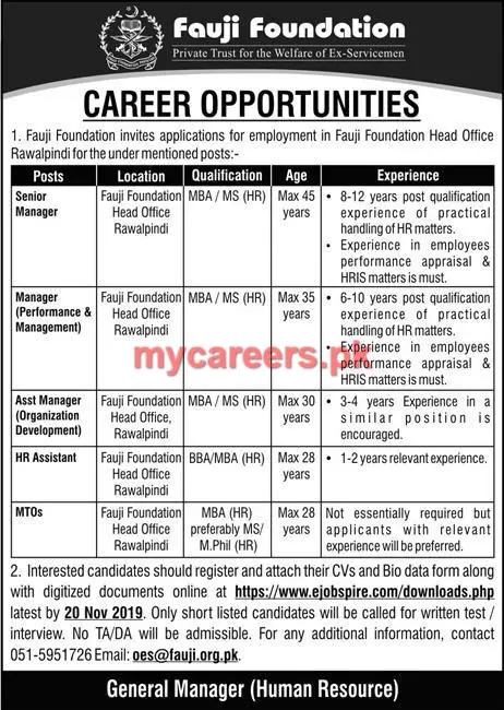 Jobs Fauji Foundation Rawalpindi Jobs 2019 — original advertisement