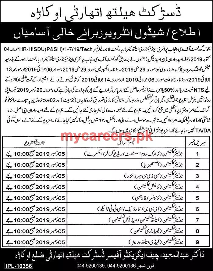 interview Schedule Health department Okara – Health Department Punjab Jobs 2019 — original advertisement