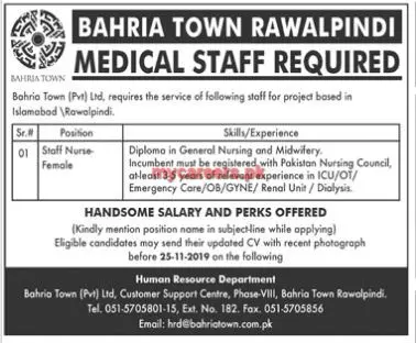 Jobs Medical Staff Bahria Town Rawalpindi Jobs 2019 — original advertisement