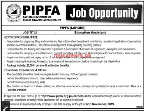 Jobs Institute of Public Finance Accountants Lahore – Pakistan Institute of Public Finance Accountants Jobs 2019 — original advertisement