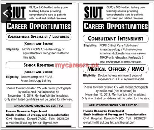 Jobs In Institute Of Urology Transplant Siut Karachi – Sindh Institute of Urology and Transplantation SIUT Karachi Jobs 2019 — original advertisement