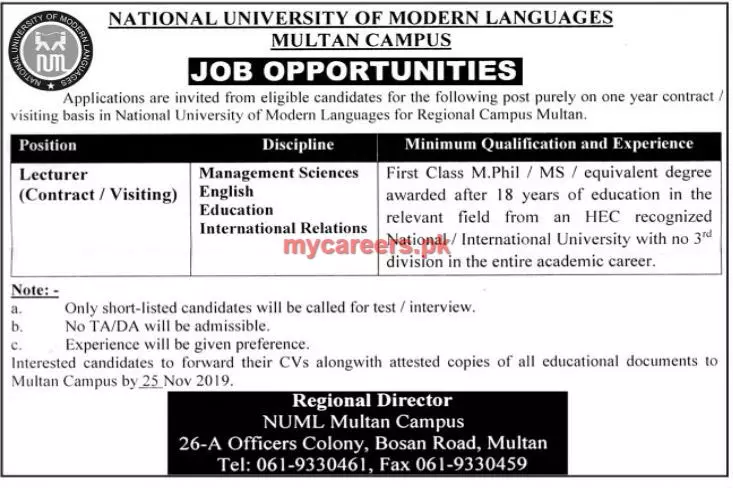Jobs National University of Modern Languages Multan – National University of Modern Languages Islamabad Jobs 2019 — original advertisement