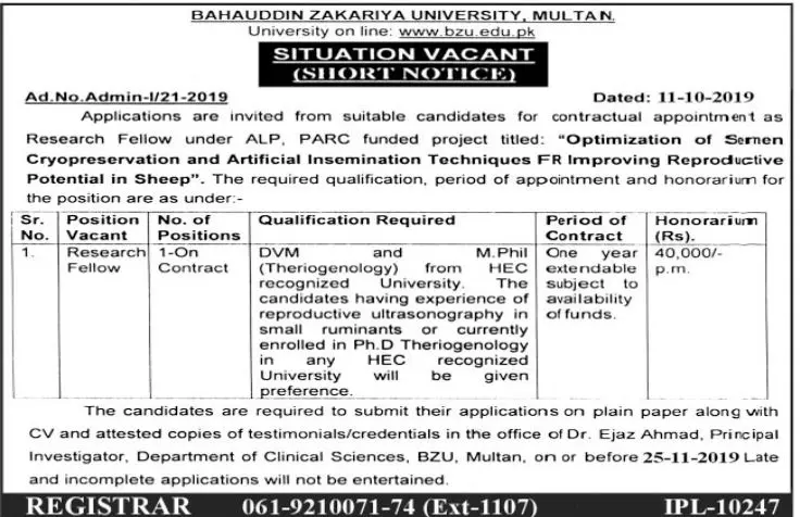 Research Fellow Required Bahauddin Zakarya University Multan – Bahauddin Zakariya University Multan Jobs 2019 — original advertisement