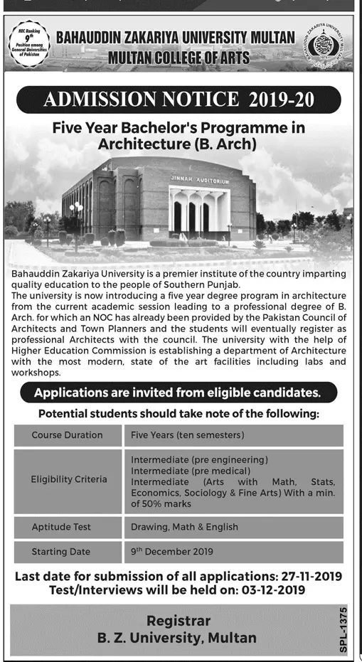 Admissions 2020 B-ARCH Bahauddin Zakarya University Multan – Bahauddin Zakariya University Multan Admissions 2019 — original advertisement