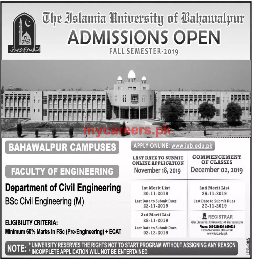 Admissions In Islamia University Bahawalpur Admissions 2019 — original advertisement