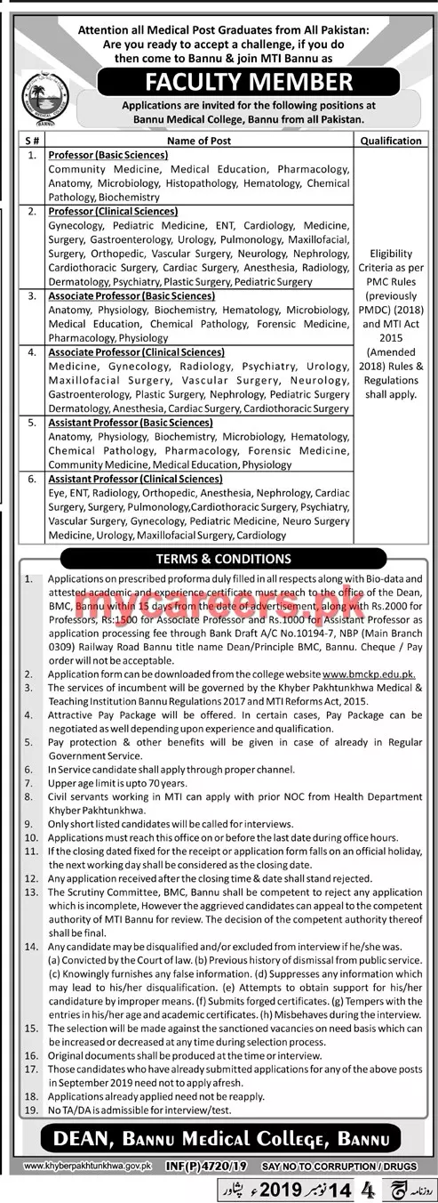 Faculty Required Bannu Medical College Bannu Kpk Jobs 2019 — original advertisement
