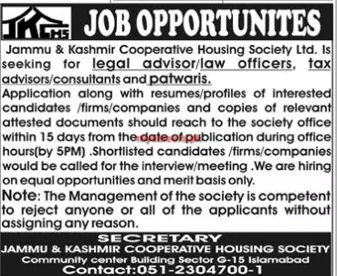 Jobs In Jammu Kashmir Cooperative Housing Society Islamabad Jobs 2019 — original advertisement