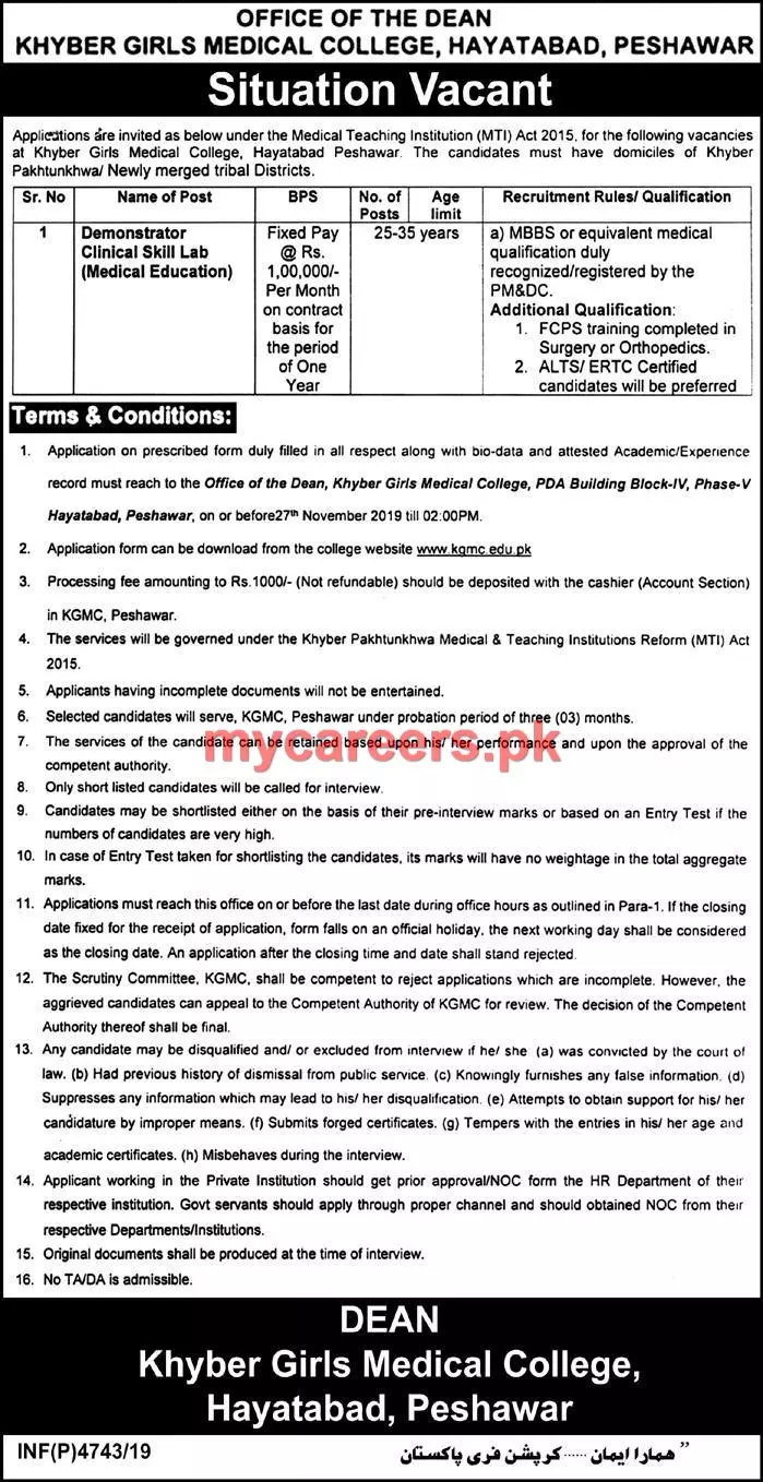 Demonstrator Required Khyber Girls Medical College Peshawar Jobs 2019 — original advertisement