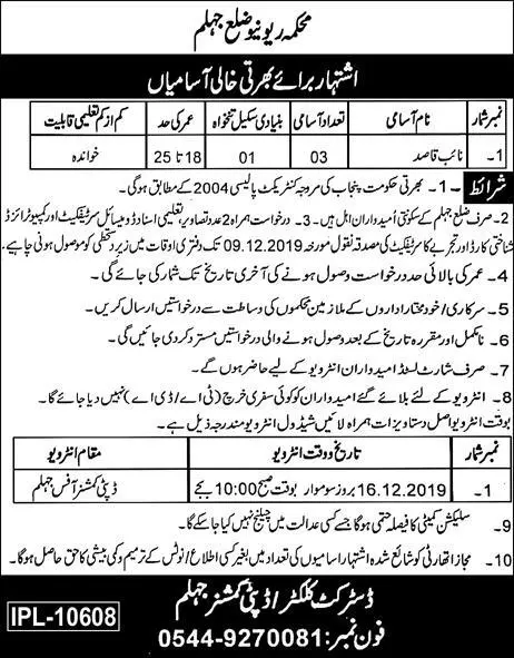 Jobs Naib Qasid Revenue Department Jehlum Punjab – Revenue Department Punjab Jobs 2019 — original advertisement