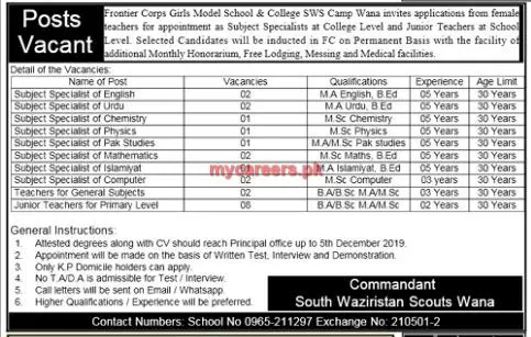 Jobs Frontier Corps Schools Waziristan Scouts Wana – Frontier Corps Kpk Jobs 2019 — original advertisement