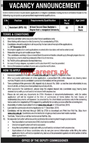Jobs Deputy Commissioner Swabi Jobs 2019 — original advertisement