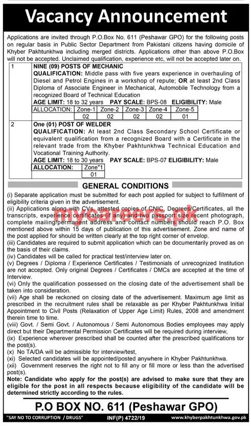 Jobs Public Sector Organization GPO Peshawar Jobs 2019 — original advertisement