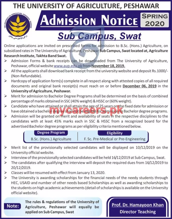 Admissions Spring 2020 University of Agriculture, Peshawar Admissions 2019 — original advertisement