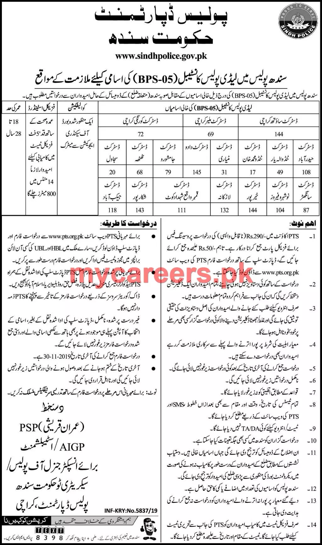 Jobs Lady Constables Police Department Sindh Jobs 2019 — original advertisement