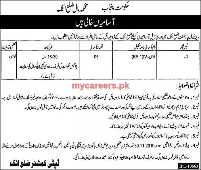 Jobs Class-IV Revenue Department Attock Punjab – Revenue Department Punjab Jobs 2019 — original advertisement