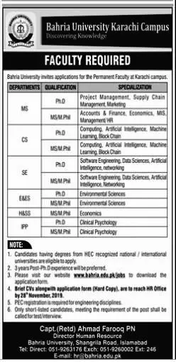 Jobs Bahria University Karachi – Bahria University Medical & Dental College Karachi Jobs 2019 — original advertisement