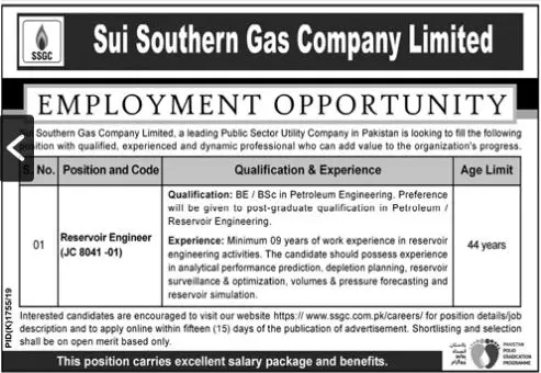 Reservoir Engineer Required Sui Southern Gas Company Limited Jobs 2019 — original advertisement