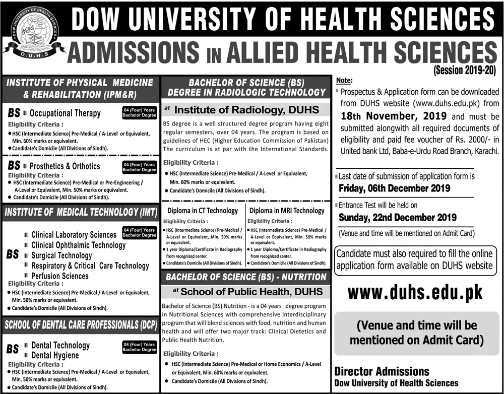 Admission In Dow University of Health Sciences Karachi Admissions 2019 — original advertisement