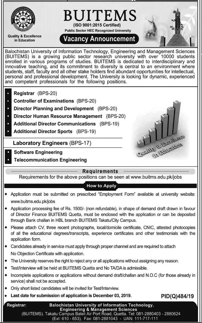 Jobs In  Balochistan University of Information Technology – Balochistan University of Information Technology & Management Science Quetta Jobs 2019 — original advertisement