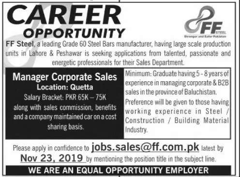 Jobs in FF Steel Lahore & Peshawar – Private Sector Organization Jobs 2019 — original advertisement