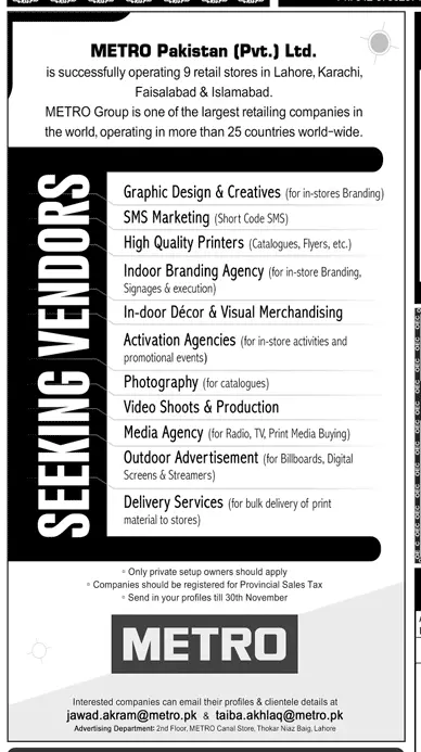 Jobs Metro Pakistan Lahore – Private Sector Organization Jobs 2019 — original advertisement