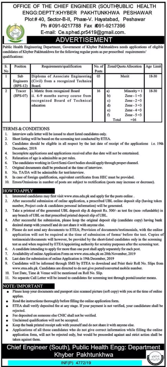 Jobs Public Health Engineering Department Kpk Jobs 2019 — original advertisement