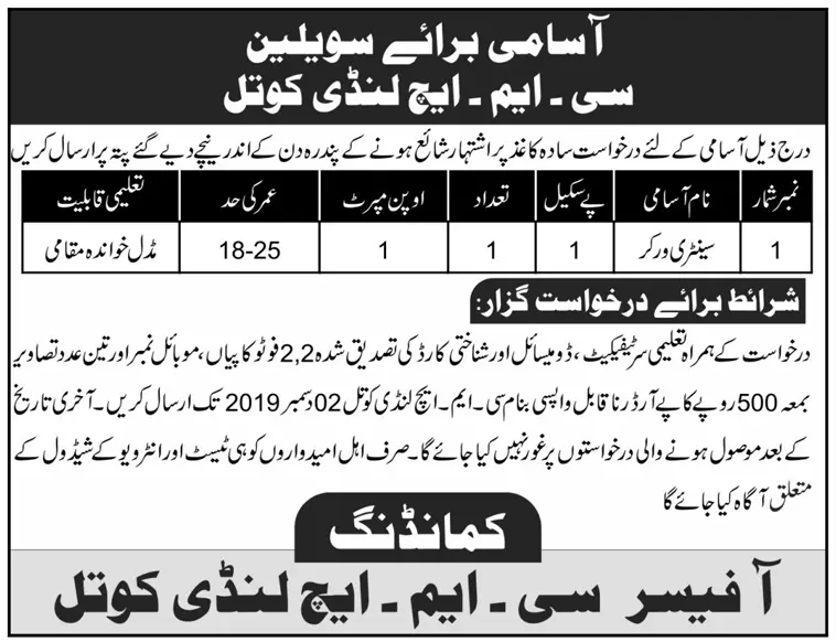 Saintary Works Jobs CMH Landi Kotal Kpk – Combined Military Hospital CMH Jobs 2019 — original advertisement
