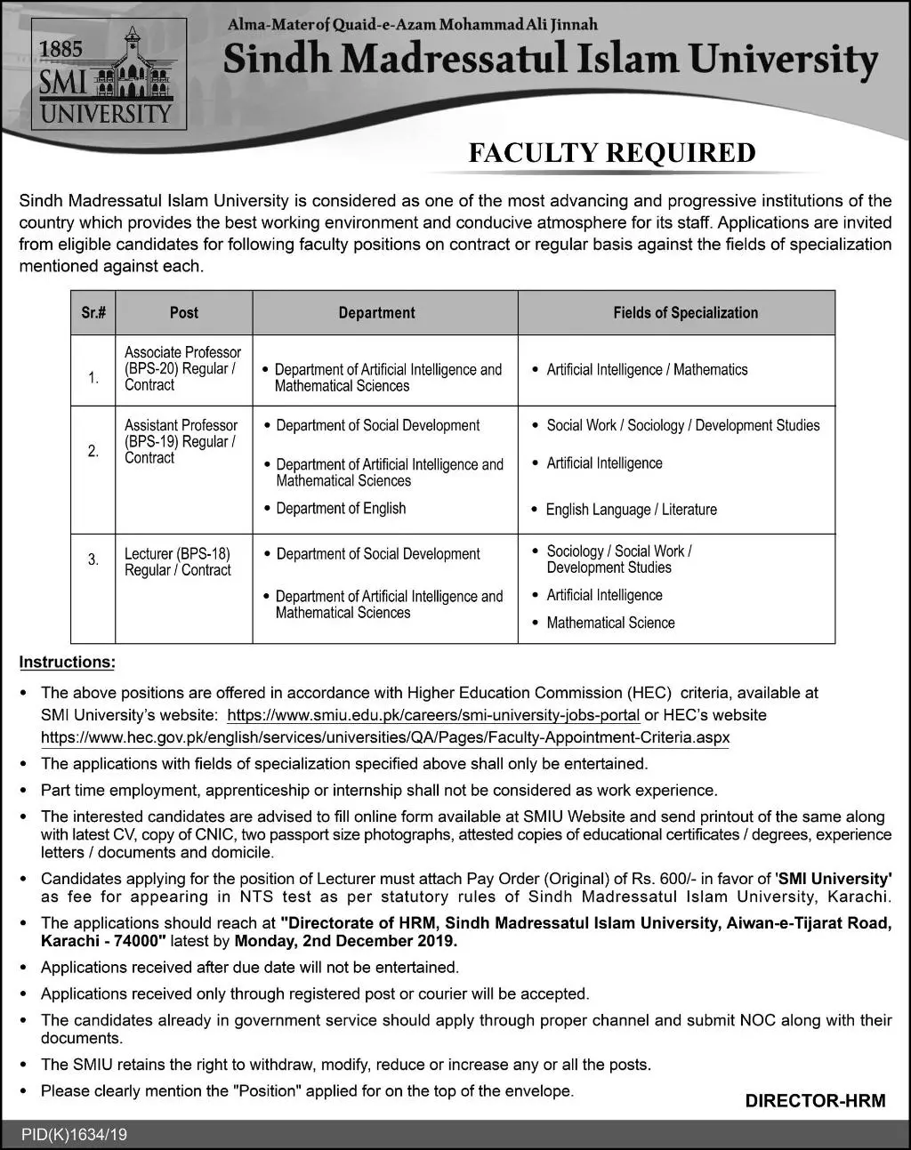 Faculty Required Sindh Madressatul Islam University Karachi Jobs 2019 — original advertisement