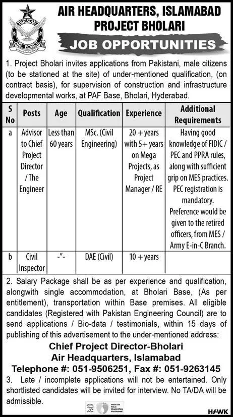 Jobs Air Head Quarter Islamabad – Pakistan Air Force Jobs 2019 — original advertisement