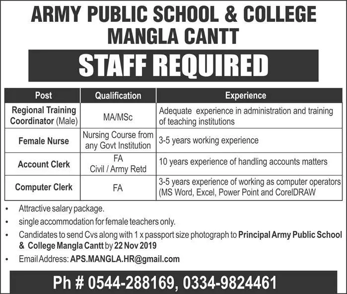 Jobs Army Public School Mangla Cant – Cantonment Board Jobs 2019 — original advertisement