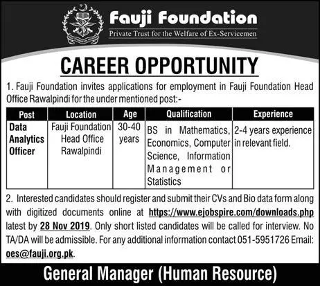 Jobs Fauji Foundation Rawalpindi Jobs 2019 — original advertisement