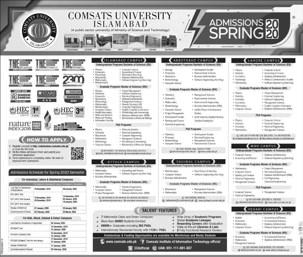 Admissions 2020 COMSATS University Islamabad Admissions 2019 — original advertisement