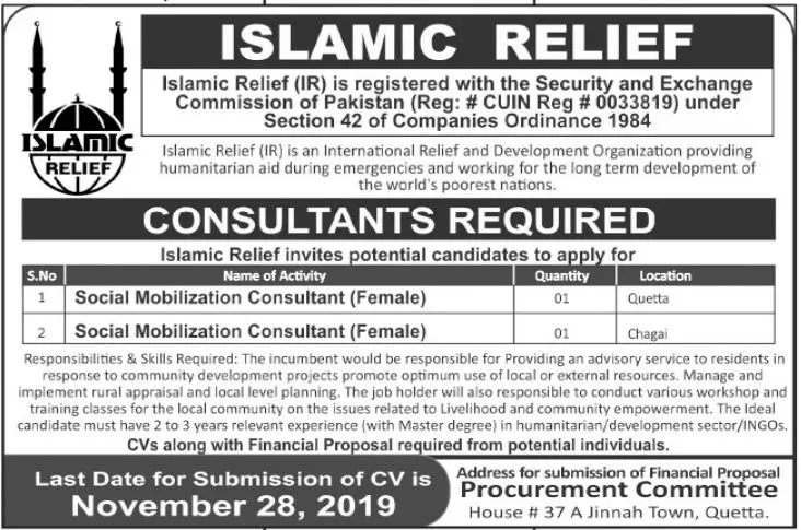 Consultant Required Islamic Relief International Balochsitan Jobs 2019 — original advertisement