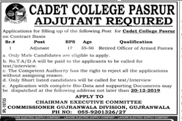Adjutant Required Cadet College Pasru – Cadet College Pasrur Jobs 2019 — original advertisement