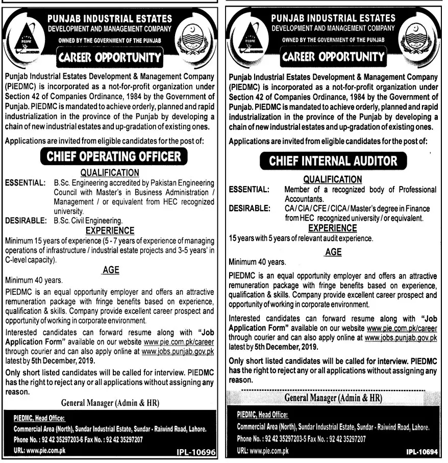 Jobs Punjab Industrial Estates Development Management – Punjab Industrial Estates Development & Management Company Jobs 2019 — original advertisement