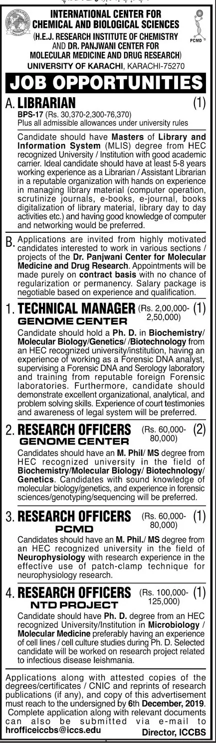 Jobs International Center for Chemical and Biological – International Center for Chemical and Biological Sciences (ICCBS) Karachi Jobs 2019 — original advertisement