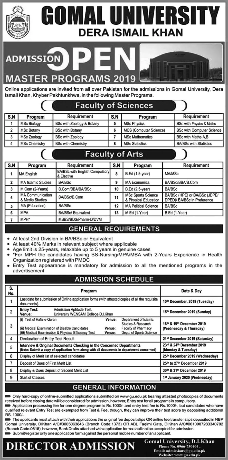 Admissions In Gomal University Dera Ismail Khan Admissions 2019 — original advertisement