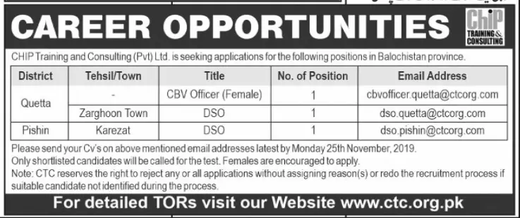 Jobs Chip Training Consultant Quetta Pishin – Chip Training Consulting Pvt Ltd Jobs 2019 — original advertisement