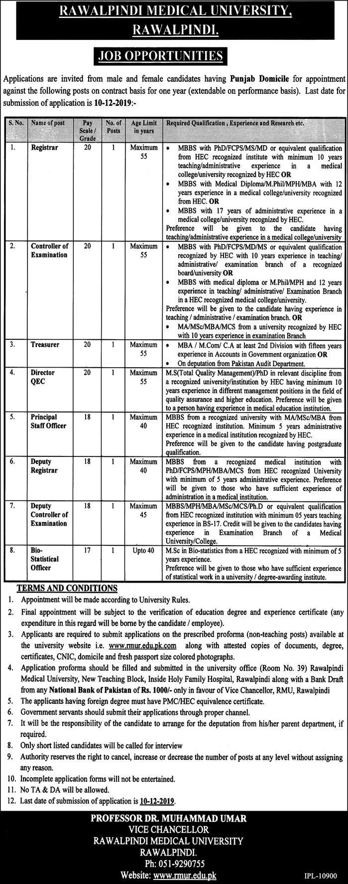 Jobs Rawalpindi Medical University Punajb Jobs 2019 — original advertisement