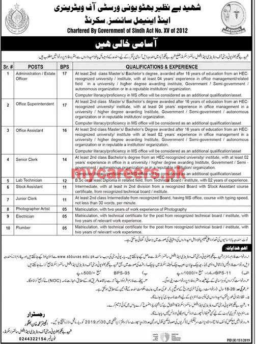 Jobs Shaheed Benazir Bhutto University – Shaheed Benazir Bhutto University of Veterinary & Animal Sciences Sakrand Sindh Jobs 2019 — original advertisement