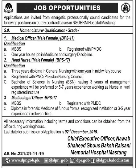Jobs Nawab Shaheed Ghous Bakhsh Raisani Memorial Hospital – Nawab Shaheed Ghous Bakhsh Raisani Memorial Hospital Mastung Jobs 2019 — original advertisement