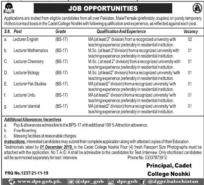 Jobs Cadet College Noshki Balochsitan Jobs 2019 — original advertisement